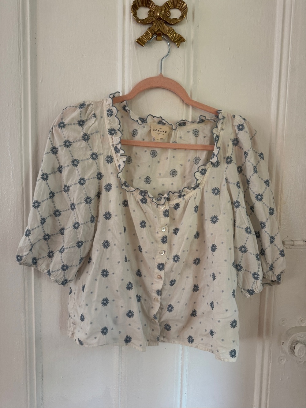 Sezane Cream Floral Button-Front Blouse